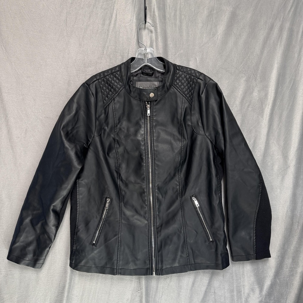 Cavalini Jacket Womens 1X Black Faux Leather‎ Moto Quilted Shoulder Zip Biker